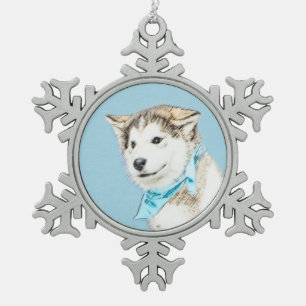 Siberische Husky Puppy Schilderij - Originele Hond Tin Sneeuwvlok Ornament