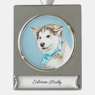 Siberische Husky Puppy Schilderij - Originele Hond Verzilverd Banner Ornament