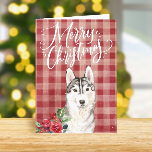 Siberische Husky Red Plaid Kerstmis Feestdagen Kaart