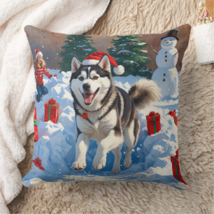 Siberische Husky Rent in de Sneeuw met Kerstmuts Kussen
