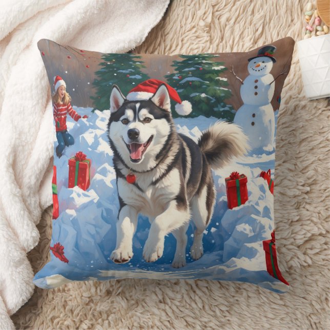 Siberische Husky Rent in de Sneeuw met Kerstmuts Kussen (Deken)