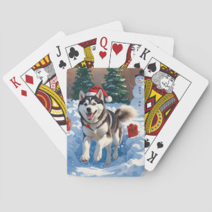 Siberische Husky Rent in de Sneeuw met Kerstmuts Pokerkaarten