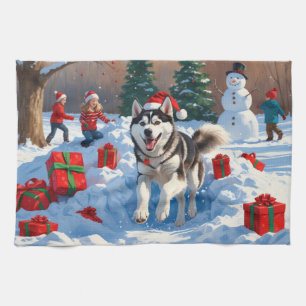 Siberische Husky Rent in de Sneeuw met Kerstmuts Theedoek