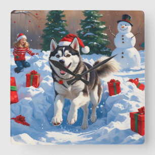 Siberische Husky Rent in de Sneeuw met Kerstmuts Vierkante Klok