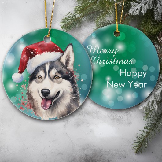 Siberische Husky Rode Kerstman Hoed Bokeh Kerstmis Keramisch Ornament