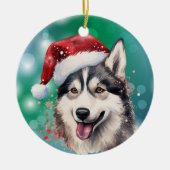 Siberische Husky Rode Kerstman Hoed Bokeh Kerstmis Keramisch Ornament (Voorkant)