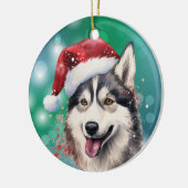 Siberische Husky Rode Kerstman Hoed Bokeh Kerstmis Keramisch Ornament (Links)