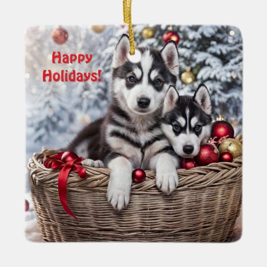 Siberische Husky Schattigee kerstvakantie Keramisch Ornament (Voorkant)