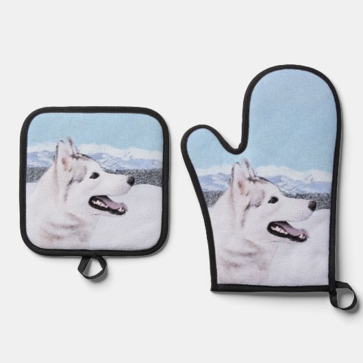 Siberische Husky Schilderij Zilver en Witte Hond A Ovenwant & Pannenlap Set (Voorkant)