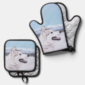 Siberische Husky Schilderij Zilver en Witte Hond A Ovenwant & Pannenlap Set (Voorkant / Achterkant)