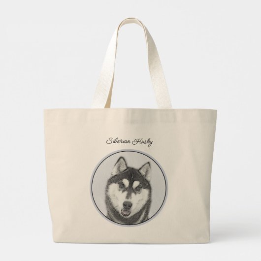 Siberische Husky Schilderij Zwart-wit Dog Art Grote Tote Bag (Achterkant)