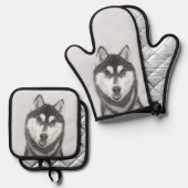 Siberische Husky Schilderij Zwart-wit Dog Art Ovenwant & Pannenlap Set (Voorkant / Achterkant)