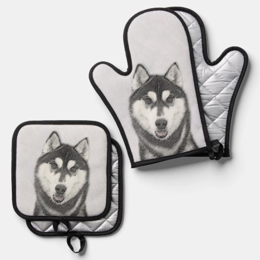 Siberische Husky Schilderij Zwart-wit Dog Art Ovenwant & Pannenlap Set (Voorkant / Achterkant)