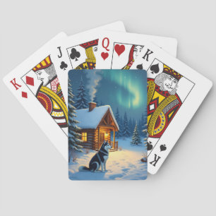 Siberische Husky Sneeuwcabine Kerstschilderij Pokerkaarten