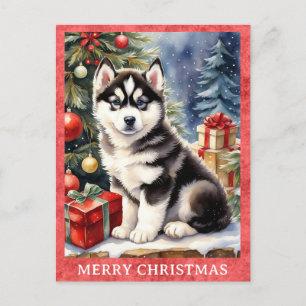 Siberische Husky Vrolijk Kerstfeest Schattigee Pup Briefkaart