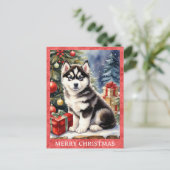 Siberische Husky Vrolijk Kerstfeest Schattigee Pup Briefkaart (Staand voorkant)