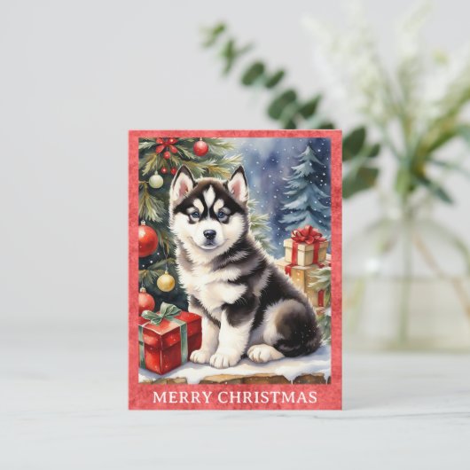 Siberische Husky Vrolijk Kerstfeest Schattigee Pup Briefkaart (Staand voorkant)