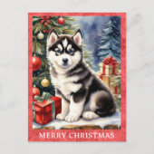 Siberische Husky Vrolijk Kerstfeest Schattigee Pup Briefkaart (Voorkant)