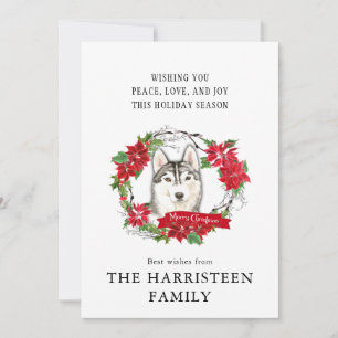 Siberische Husky Waterverf rode Poinsettia krans Feestdagenkaart