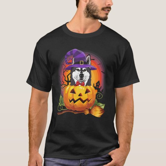 Siberische Husky Witch Pumpkin Halloween Hondenlie T-shirt (Voorkant)
