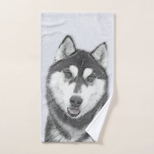 Siberische Husky (zwart en wit) schilderende hond  Bad Handdoek (Handdoek)