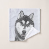 Siberische Husky (zwart en wit) schilderende hond  Bad Handdoek (Wasdoekje)