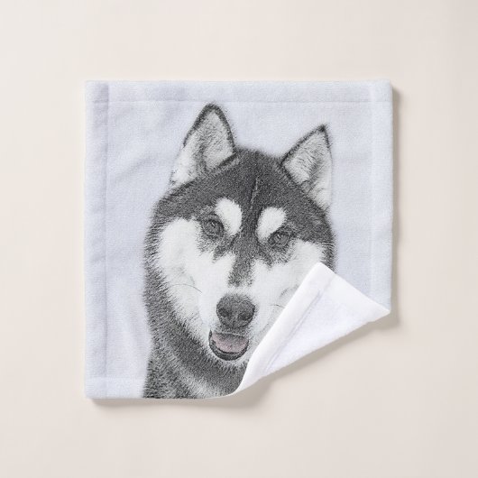 Siberische Husky (zwart en wit) schilderende hond Bad Handdoek (Wasdoekje)