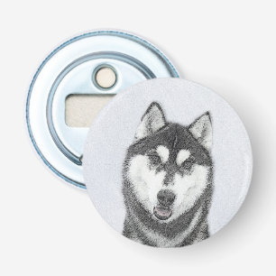 Siberische Husky (zwart en wit) schilderende hond  Button Flesopener