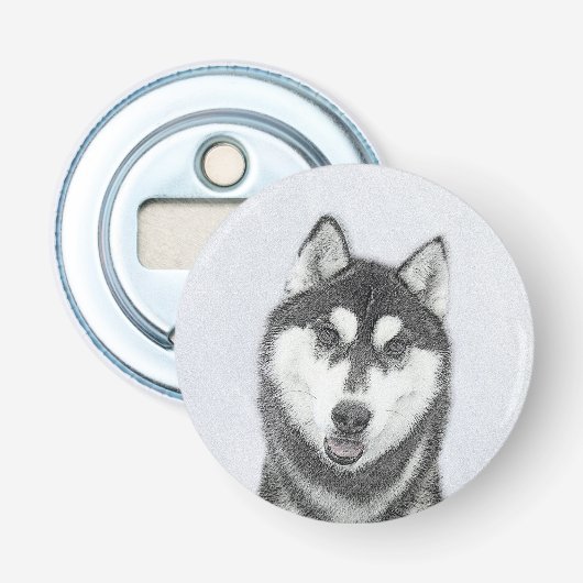 Siberische Husky (zwart en wit) schilderende hond  Button Flesopener (Voorkant)
