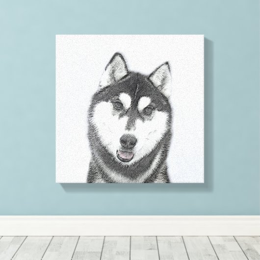 Siberische Husky (zwart en wit) schilderende hond Canvas Afdruk (Insitu (Houten vloer))
