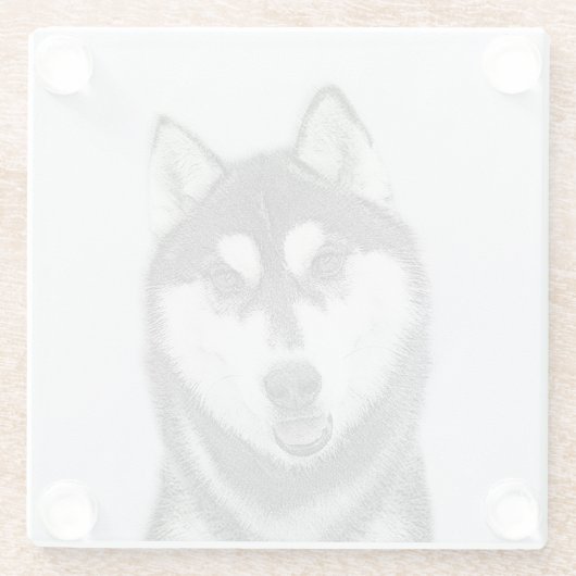 Siberische Husky (zwart en wit) schilderende hond  Glazen Onderzetter (Achterkant)