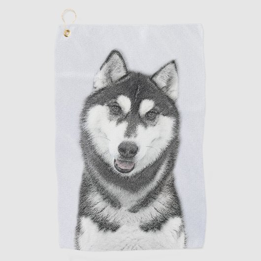 Siberische Husky (zwart en wit) schilderende hond  Golfhanddoek (Voorkant)