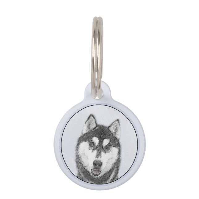 Siberische Husky (zwart en wit) schilderende hond  Huisdierpenning (Voorkant)