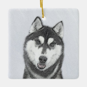 Siberische Husky (zwart en wit) schilderende hond  Keramisch Ornament