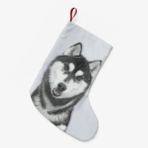 Siberische Husky (zwart en wit) schilderende hond  Kleine Kerstsok