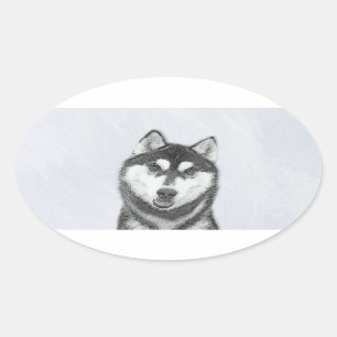 Siberische Husky (zwart en wit) schilderende hond  Ovale Sticker