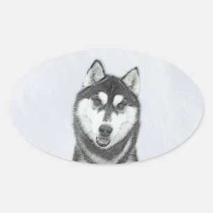 Siberische Husky (zwart en wit) schilderende hond  Ovale Sticker