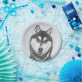 Siberische Husky (zwart en wit) schilderende hond Papieren Bordje (Feest)