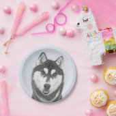 Siberische Husky (zwart en wit) schilderende hond Papieren Bordje (Feest)
