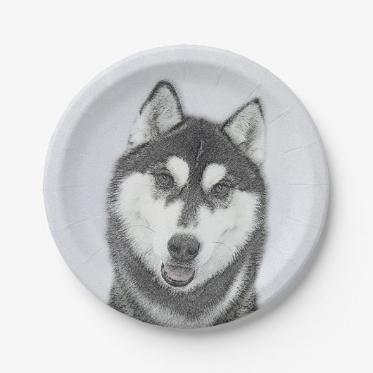 Siberische Husky (zwart en wit) schilderende hond Papieren Bordje (Voorkant)