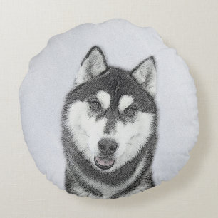 Siberische Husky (zwart en wit) schilderende hond  Rond Kussen