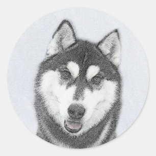 Siberische Husky (zwart en wit) schilderende hond  Ronde Sticker