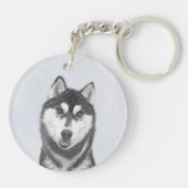 Siberische Husky (zwart en wit) schilderende hond Sleutelhanger (Achterkant)