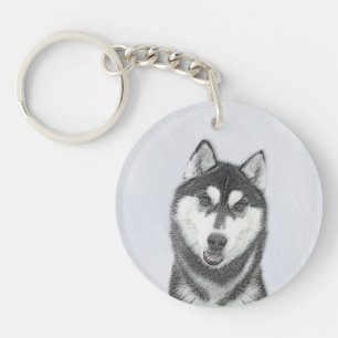 Siberische Husky (zwart en wit) schilderende hond  Sleutelhanger