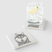 Siberische Husky (zwart en wit) schilderende hond  Stenen Onderzetter (Zijkant)