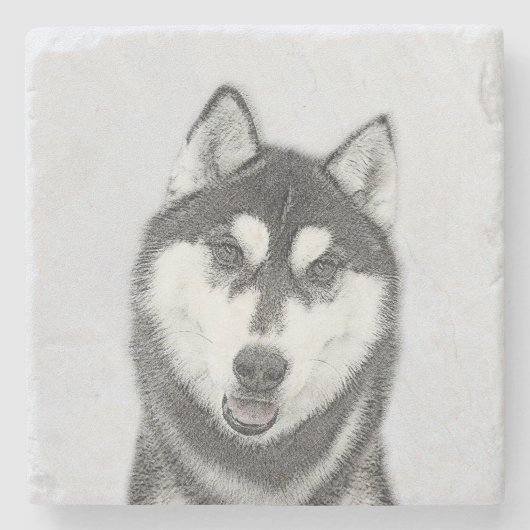 Siberische Husky (zwart en wit) schilderende hond  Stenen Onderzetter (Voorkant)