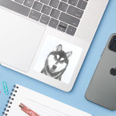Siberische Husky (zwart en wit) schilderende hond Sticker (Laptop met iPhone)