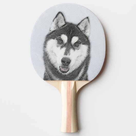 Siberische Husky (zwart en wit) schilderende hond  Tafeltennisbatje (Voorkant)