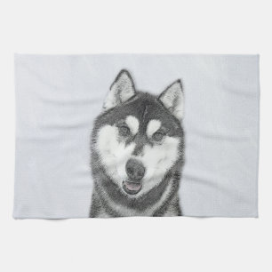 Siberische Husky (zwart en wit) schilderende hond Theedoek