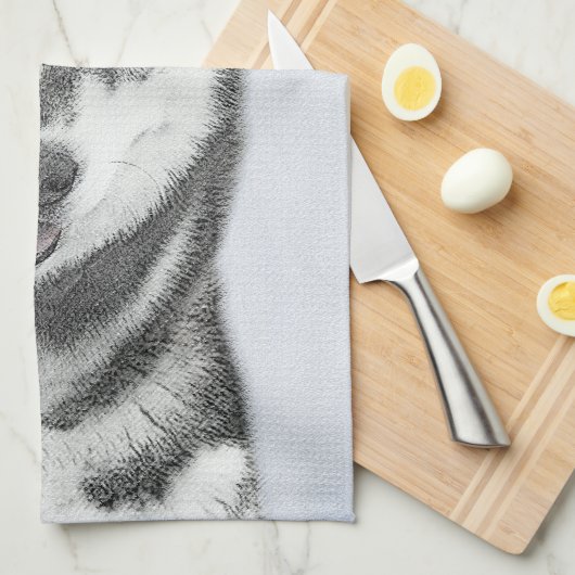 Siberische Husky (zwart en wit) schilderende hond Theedoek (Quarter Fold)